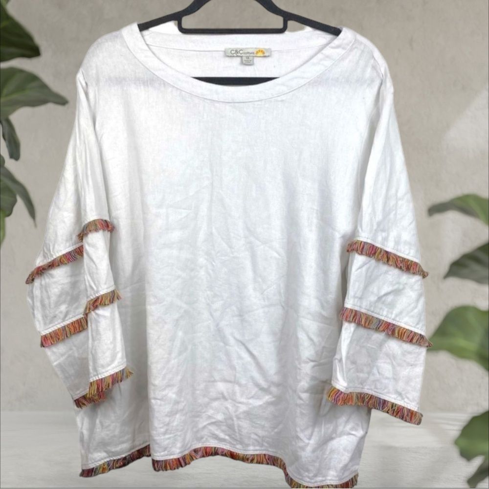 C&C California Wm’s Sz 1X White Boho Long Sleeve Linen Blend Fringe Trim Top
